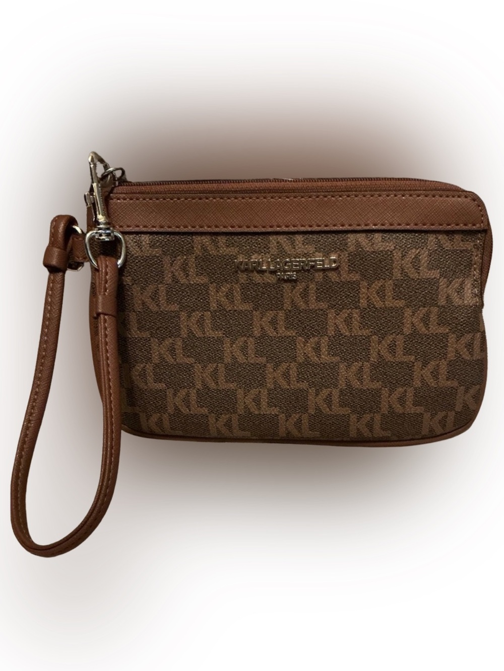 Karl Lagerfeld Paris Tan Monogram Wristlet Wallet Pouch Classic